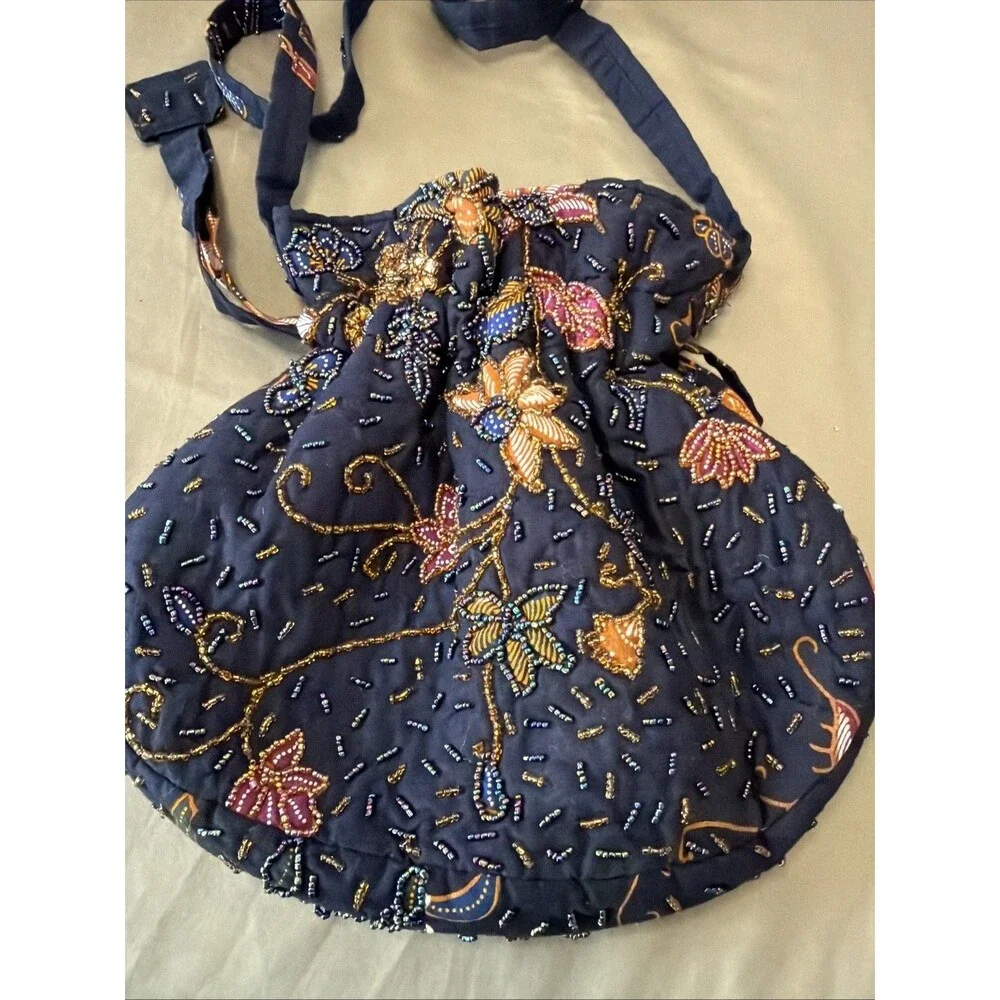 Vtg RAJA COLLECTION Bali Handmade Beaded Drawstring Bag Multi Black Crossbody